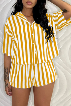 Lemon Yellow Casual Striped Patchwork Turndown Collar Half Sleeve Two Pieces