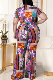 Multicolor Fashion Casual Print Patchwork O Neck Plus Size Two Pieces