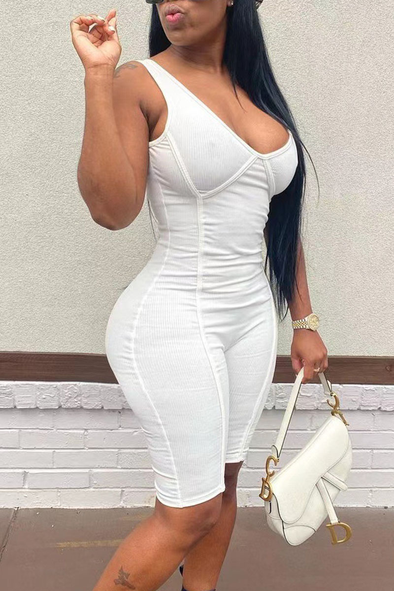 

White Sexy Solid Split Joint V Neck Regular Jumpsuits