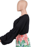 Black Casual Sweet Solid Patchwork Fold O Neck Tops