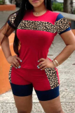 Grey Casual Leopard Patchwork O Neck Plus Size Two Pieces