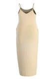 Aprikos Sexig Casual Plus Size Solid Backless Spaghetti Strap Ärmlös klänning
