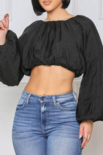 Black Casual Sweet Solid Split Joint Fold O Neck Tops