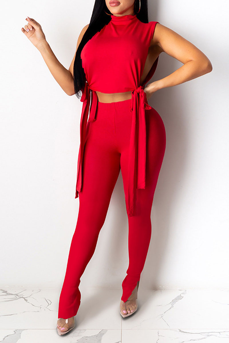 

Red Sexy Solid Bandage Split Joint Half A Turtleneck Sleeveless Two Pieces