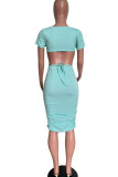 Cyan Sexy Solid Patchwork Backless O Neck One Step Skirt Dresses