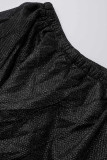 Zwarte mode sexy effen patchwork spleet off-shoulder avondjurk