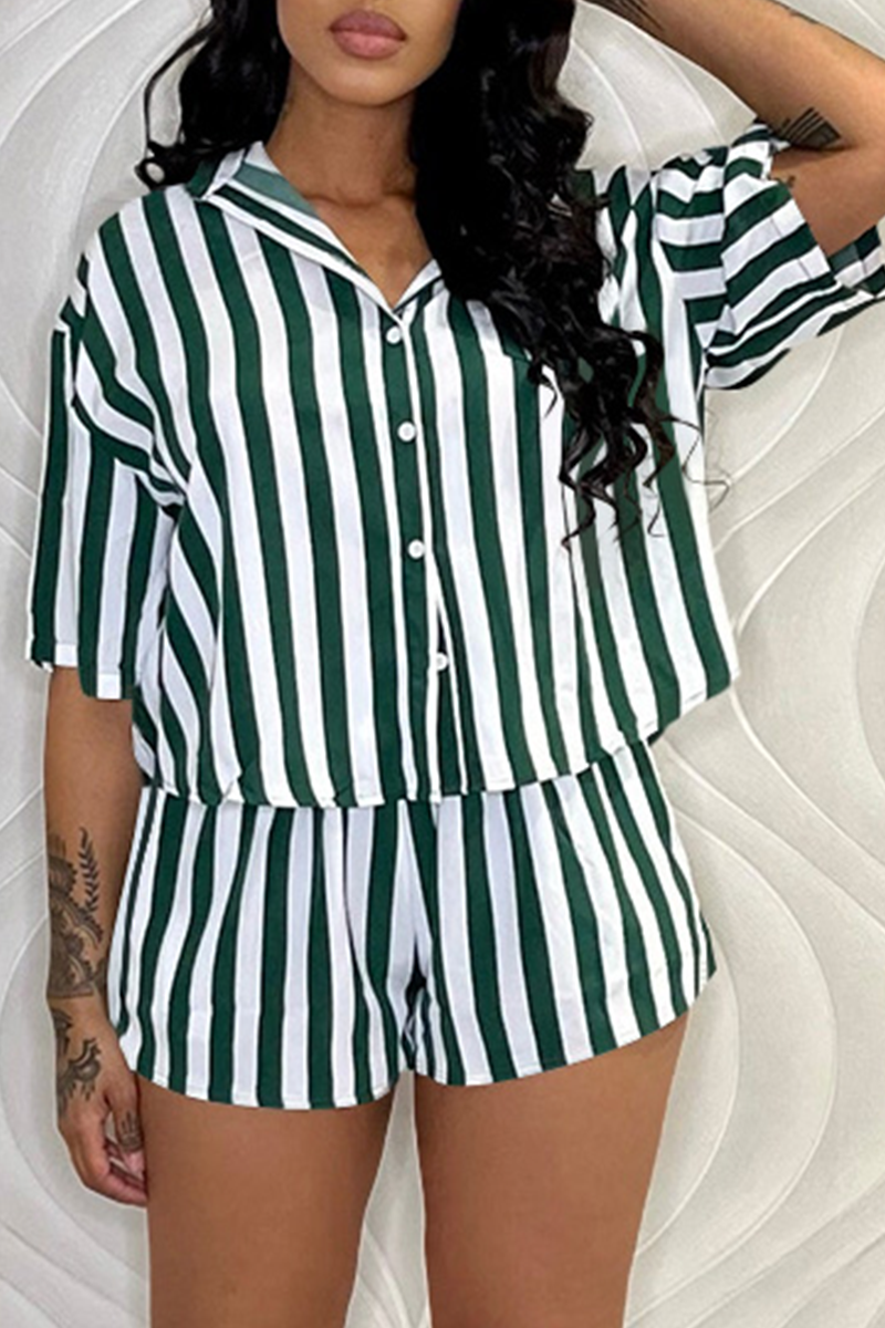 

Green Casual Striped Split Joint Turndown Collar Half Sleeve Two Pieces