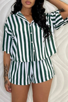 Green Casual Striped Patchwork Turndown Collar Half Sleeve Two Pieces