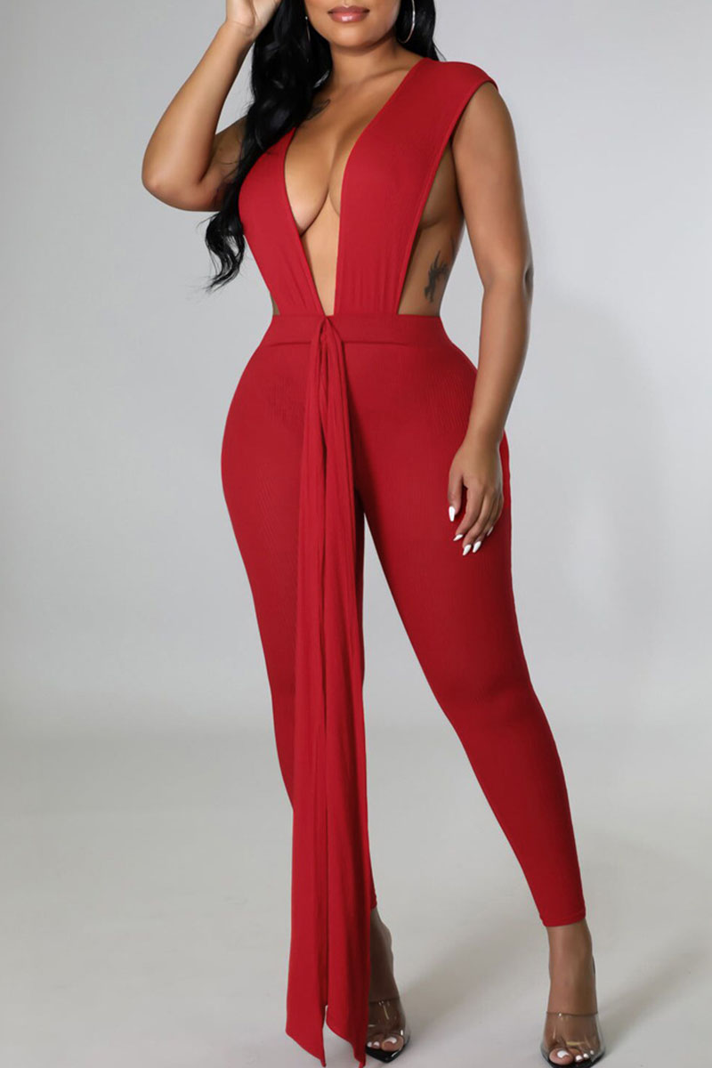 

Red Sexy Solid Split Joint Backless Asymmetrical V Neck Regular Jumpsuits