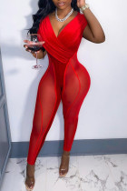 Red Sexy Solid Patchwork See-through V Neck Regular Jumpsuits