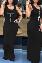 Черные повседневные лоскутные платья с U-образным вырезом и принтом