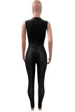 Black Sexy Solid Patchwork See-through V Neck Regular Jumpsuits