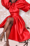 Red Fashion Casual Solid Patchwork Turndown Collar Evening Dress