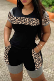 Grey Casual Leopard Patchwork O Neck Plus Size Two Pieces