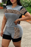 Yellow Casual Leopard Patchwork O Neck Plus Size Two Pieces