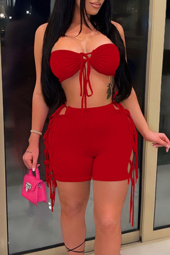 Red Sexy Solid Patchwork Frenulum Strapless Sleeveless Two Pieces