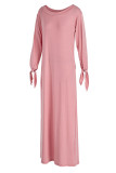 ピンク ファッション 日常 大人 無地 結び目 斜め襟 長袖 床丈 長袖 ドレス ワンピース