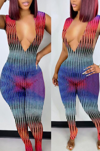 Blue Sexy Print Patchwork V Neck Regular Jumpsuits