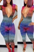Blauwe sexy print patchwork V-hals reguliere jumpsuits