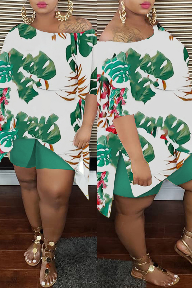 

Green Fashion Casual Print Slit Asymmetrical O Neck Plus Size Two Pieces