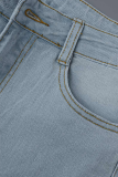 Middelblauwe casual skinny jeans met hoge taille en hoge taille met gesp