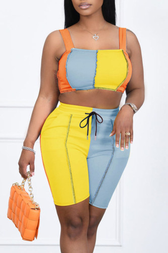 Yellow Blue Casual Solid Patchwork Sleeveless Two Pieces