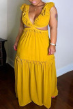 Gelbes, modisches, sexy Plus-Größen-festes, rückenfreies Patchwork-Träger-Design mit V-Ausschnitt, ärmelloses Kleid
