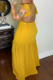 Gelbes, modisches, sexy Plus-Größen-festes, rückenfreies Patchwork-Träger-Design mit V-Ausschnitt, ärmelloses Kleid