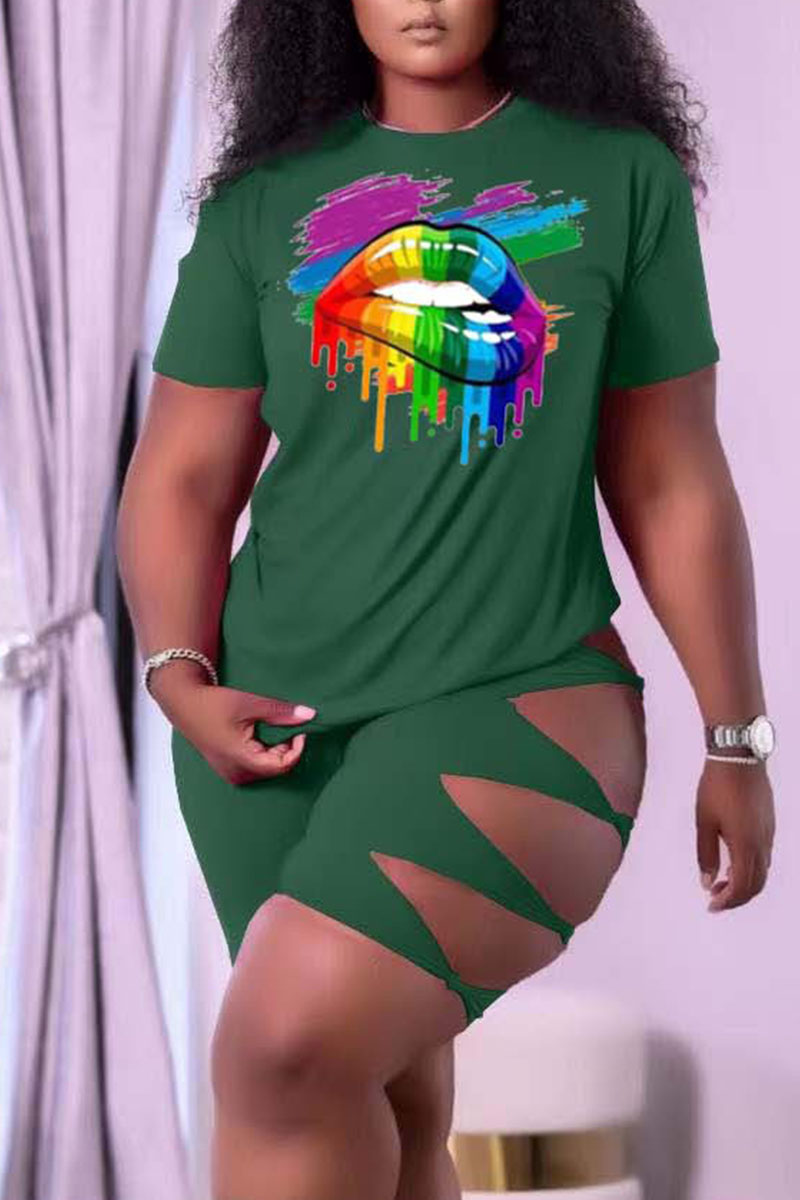 

Green Casual Sportswear Print Split Joint O Neck Short Sleeve Two Pieces