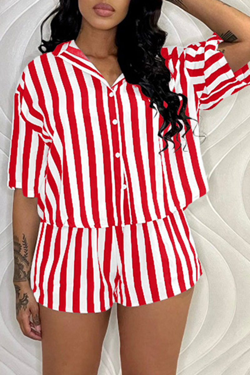 

Red Casual Striped Split Joint Turndown Collar Half Sleeve Two Pieces