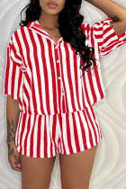 Red Casual Striped Patchwork Turndown Collar Half Sleeve Two Pieces