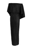 Vestido de noche de hombro con abertura en el remiendo sólido sexy de moda negro