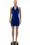 ブルーのセクシーなソリッドパッチワークフォールドホルターペンシルスカートドレス
