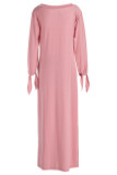 Розовый модный повседневный взрослый однотонный завязанный косой воротник с длинным рукавом длиной до пола, платье с длинным рукавом, платья