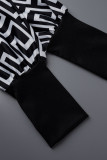 Zwart Wit Mode Casual Print Patchwork V-hals Jurken met Lange Mouwen