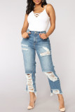 Babyblauwe mode casual effen gescheurde hoge taille regular denim jeans