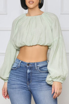 Light Green Casual Sweet Solid Patchwork Fold O Neck Tops