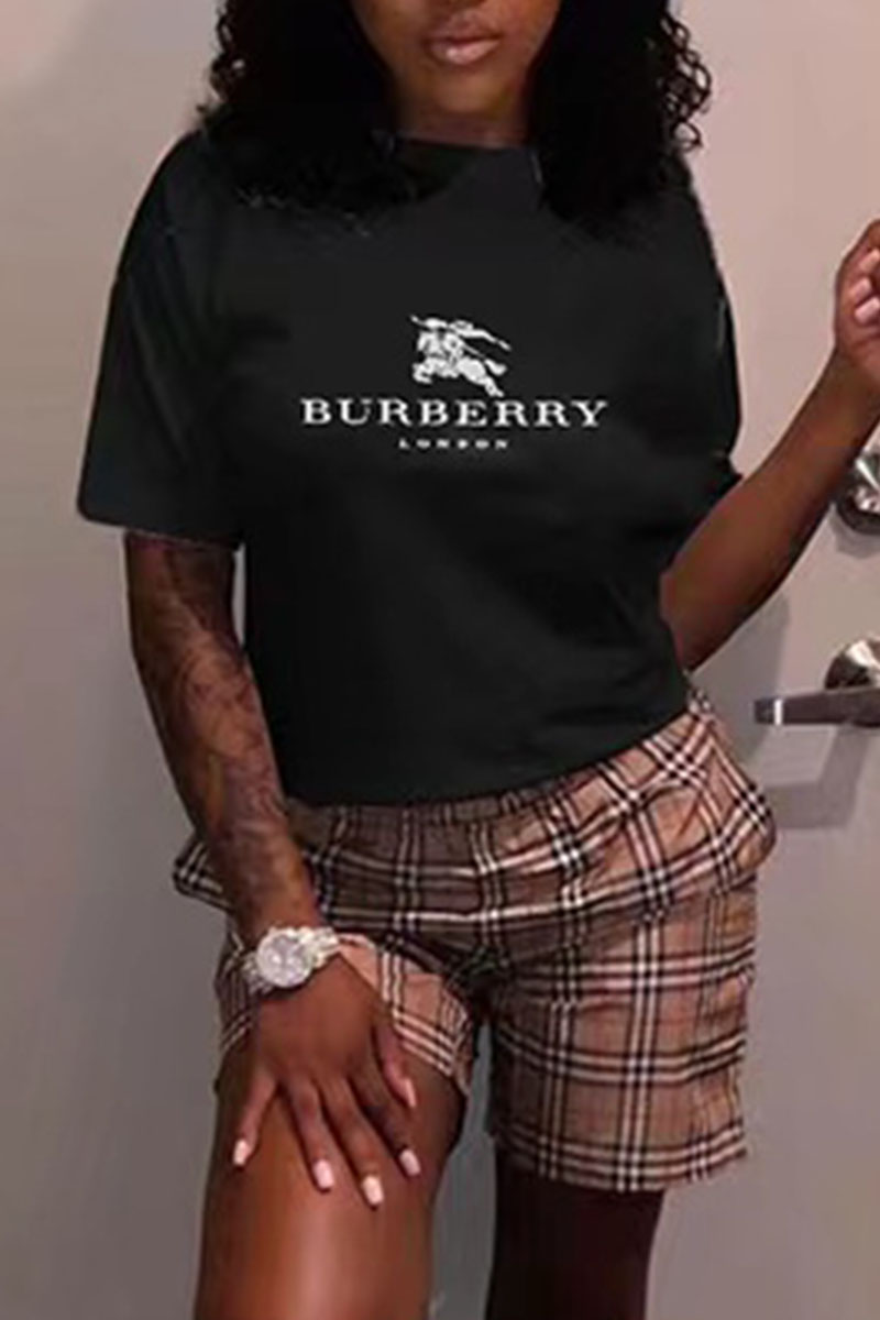 

Black Fashion Casual Print Letter O Neck Short Sleeve Two Pieces