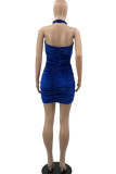 ブルーのセクシーなソリッドパッチワークフォールドホルターペンシルスカートドレス