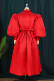 Red Fashion Casual Solid Patchwork Turndown Collar Evening Dress