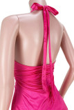 Rose Red Sexy Solid Patchwork Backless Flounce Halter A Line Dresses