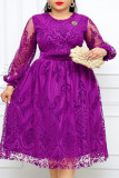 Paarse mode casual effen patchwork O-hals jurken met lange mouwen