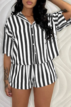Black Casual Striped Patchwork Turndown Collar Half Sleeve Two Pieces