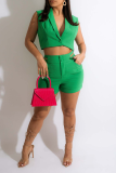 Green Sexy Solid Patchwork Turndown Collar Sleeveless Two Pieces