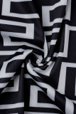 Schwarz-weiße, modische, lässige Patchwork-Kleider mit V-Ausschnitt und langen Ärmeln