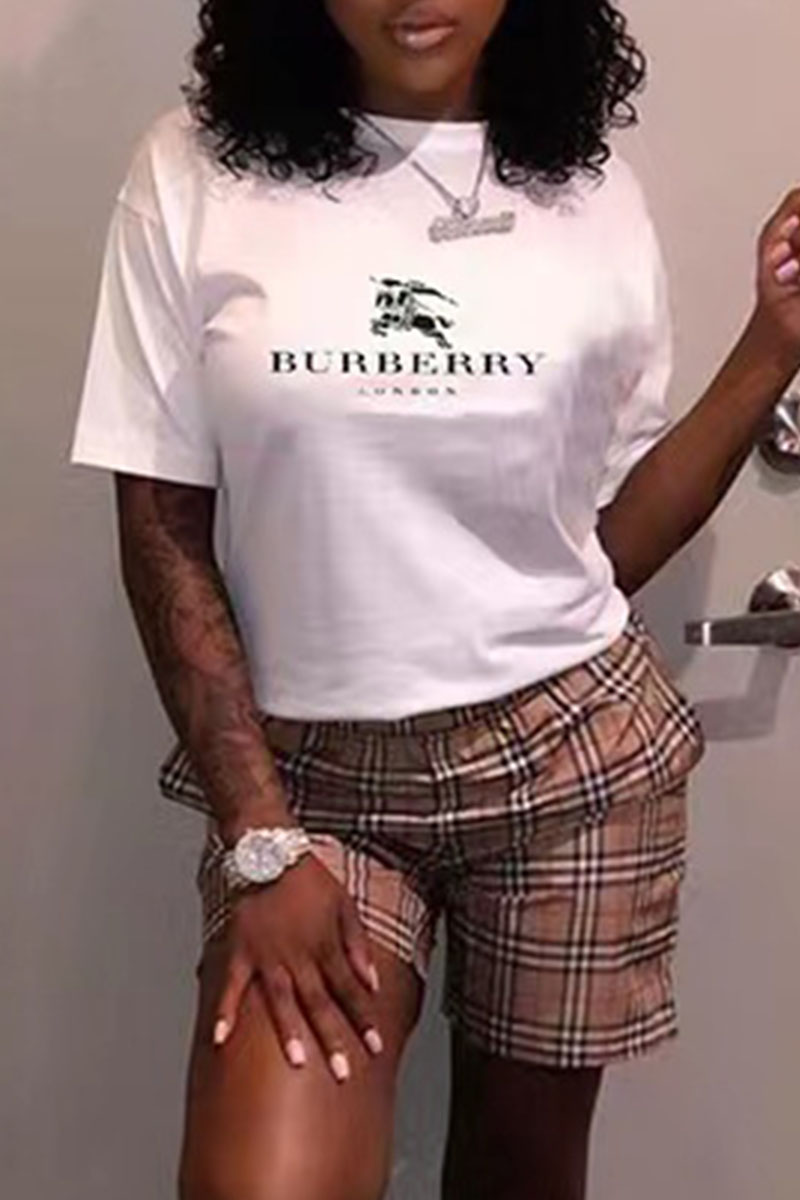 

White Fashion Casual Print Letter O Neck Short Sleeve Two Pieces