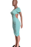 Cyan Sexy Solid Patchwork Backless O Neck One Step Saia Vestidos