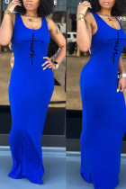 Синие повседневные лоскутные платья с U-образным вырезом и принтом