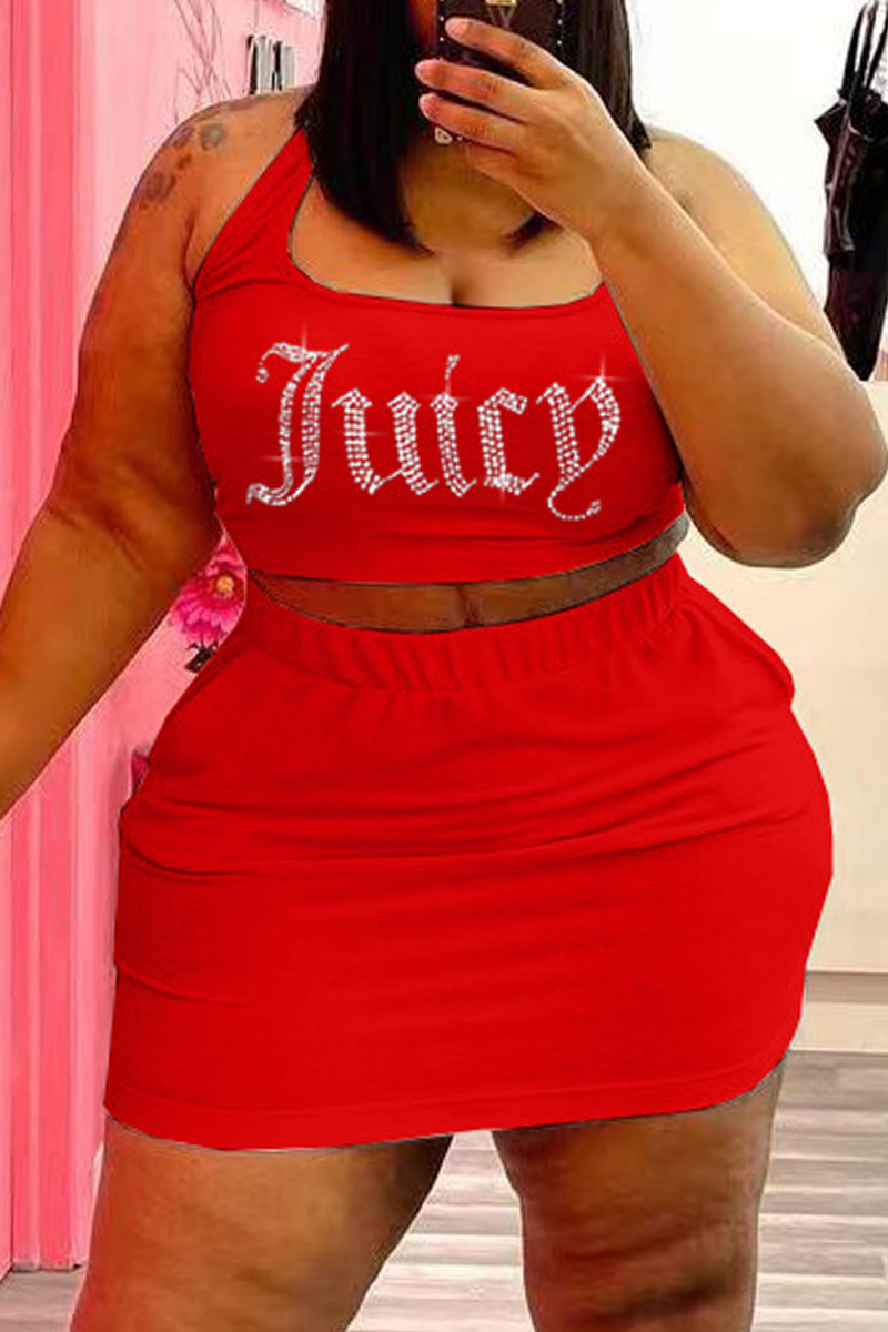 

Red Sexy Casual Letter Hot Drilling Basic U Neck Plus Size Two Pieces