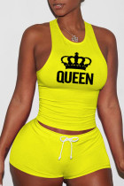 Желтый Повседневная спортивная одежда С принтом Пэчворк U-образный вырез Без рукавов Из двух частей